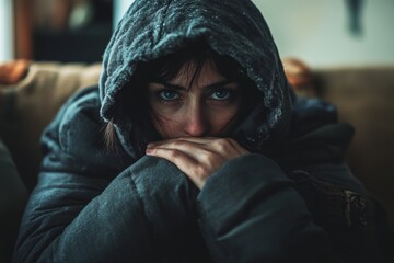 Wall Mural - Cozy winter portrait: woman in hooded jacket with intense gaze indoors