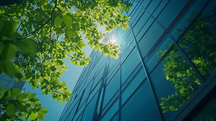 ecofriendly building in the modern city green tree branches with leaves and sustainable glass buildi