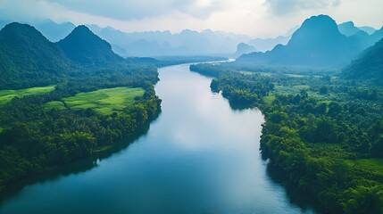 Poster - Beautiful natural scenery of river in southeast Asia tropical green forest  with mountains in background aerial view drone shot : Generative AI