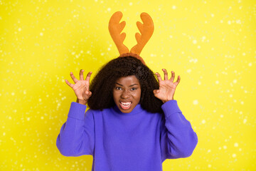 Sticker - Portrait of carefree dark skin person arms claws grin scary grimace isolated on yellow color background