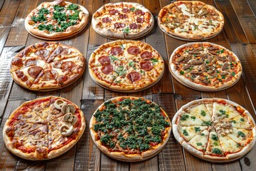 A collection of pizzas resting on a wooden table, ready for serving