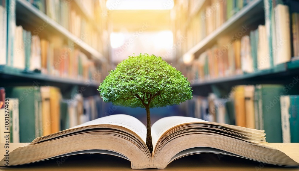 education concept with tree of knowledge planting on opening old big ...