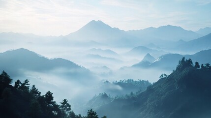 Poster - Serene Mountain Landscape with Misty Peaks