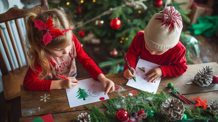 two children are busy drawing christmas cards, surrounded by festive decorations and the warm glow o