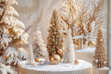 Wall Mural - Decorated Christmas trees with gold ornaments