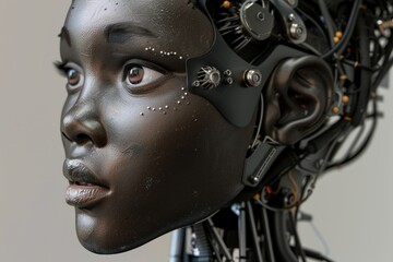 A person's face with a robotic head, perfect for sci-fi and futuristic concepts