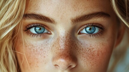 Freckles blonde woman portrait closeup blue eyed girl perfect skin : Generative AI