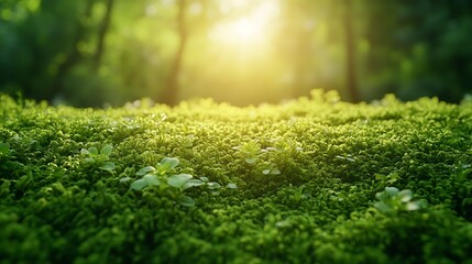 Poster - Integrity of the forest national park Beautiful green moss on the floor moss closeup macro Beautiful background of moss with sunlight : Generative AI