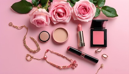 Trendy jewelry and makeup flatlay featuring roses and cosmetics on a vibrant pink background conveying chic fashion elegance