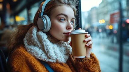 Woman wearing wireless headphones and drinking coffee in bus : Generative AI