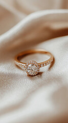 Poster - Elegant and luxurious diamond engagement ring on beige silk with intricate design and sparkle, ideal for weddings or proposals