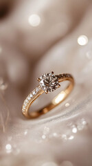Poster - Enchanting close-up of a stunning engagement ring featuring a radiant diamond, representing love and dedication