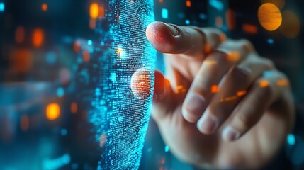 Leinwandbilder - Cyber security online banking data protection Businessman using fingerprint indentity and face id to access personal financial data biometrics security on mobile banking app innovation : Generative AI