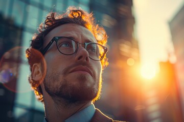 A person wearing glasses and a suit gazes upwards, taking in the warmth of the sun