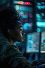 Wall Mural - a woman sits in front of a computer monitor, focused on the screen