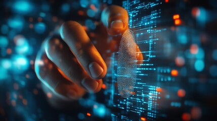 Leinwandbilder - Biometric security data encryption Businessman using fingerprint identity to access personal financial data network security for mobile app software development technology against cybe : Generative AI
