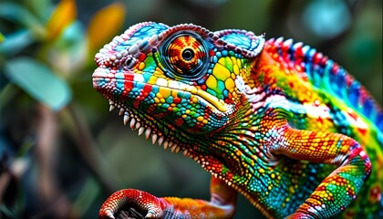 Wall Mural - Close-Up of Vibrant Chameleon Lizard Showcasing Color Change and Unique Patterns in Exotic Wildlife Habitat