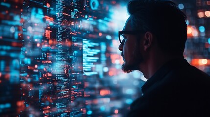 Fototapete - Data science business intelligence Business man using computer devices with internet global network technology and big data cloud computing AI software development digital technology : Generative AI