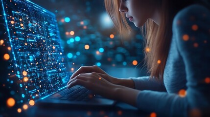 Fototapete - Digital technology internet network connection global business concept Woman using modern computer surfing the internet data exchange digital marleting innovative technology background : Generative AI