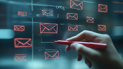 Leinwandbilder - Hand sketching Email Concept with red marker on transparent wipe board : Generative AI