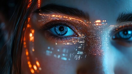 Leinwandbilder - Cyber security data protection Woman using mobile phone and fingerprint or face id scan to access personal data security on secured network connection Biometric technology data encrypt : Generative AI