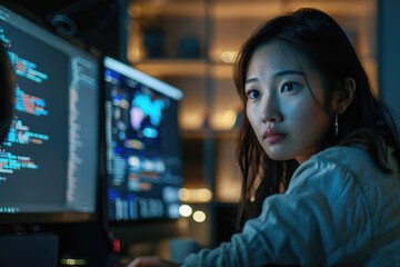Wall Mural - a person sitting in front of two computer screens, working or studying