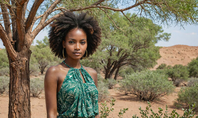 A woman with curly hair stands in front of a tree in a desert landscape