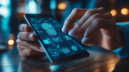 man using fingerprint identification to access personal financial data on mobile phone mobile banking app biometrics cyber security innovation technologyBiometrics security system : Generative AI