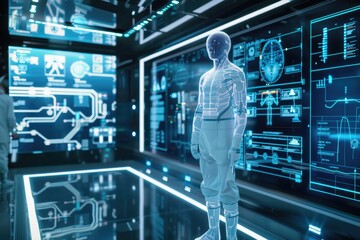 Wall Mural - a person standing in front of a large display screen, possibly for work or entertainment