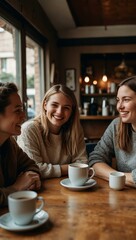 Wall Mural - Four friends smile together in a cozy café on a bright afternoon.