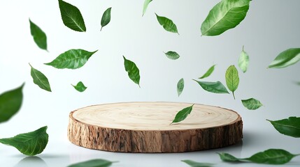 Aufkleber - Wood slice podium and green flying leaves on white background Concept scene stage showcase for new product promotion sale banner presentation cosmetic Wooden stand studio empty : Generative AI
