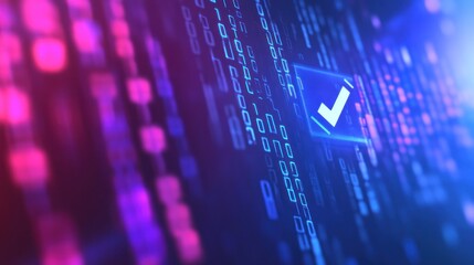 Digital Checkmark on a Blue Background with Binary Code