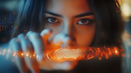 Leinwandbilder - Biometrics security and  innovation technology concept Woman using fingerprint indentification to personal access Touch ID : Generative AI