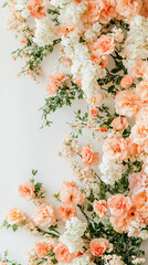 Poster - Border of peach and white flowers on a white background, with space for text