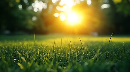 Poster - Green grass in the field with sunbeams Blurred summer background selective focus : Generative AI