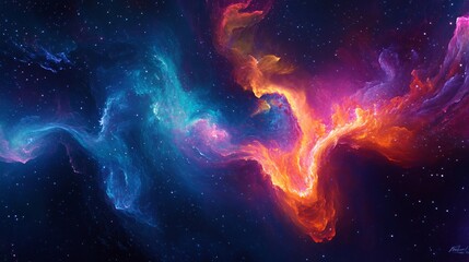 Vibrant abstract nebula with blue and orange colors.