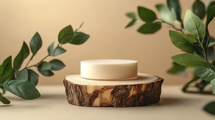 Aufkleber - Minimal modern product display on neutral beige background Wood slice podium and green leaves Concept scene stage showcase for new product promotion sale banner presentation cosmetic : Generative AI