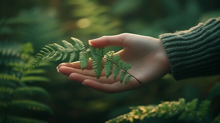 Wall Mural - A womans hand and a fern leaf Man and nature : Generative AI