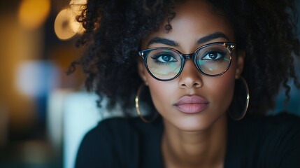 Fototapete - Office computer and black woman with glasses serious or reading email online research or report Laptop concentration and African journalist proofreading article for digital news websit : Generative AI