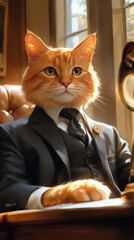 Sticker - A ginger cat dressed in a suit sits at a desk.