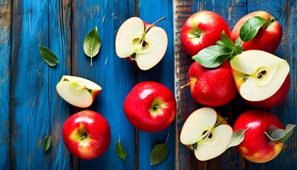 Wall Mural - Vibrant Red Apples and Slices Displayed on Rustic Blue Wooden Table Embracing Healthy Living and Colorful Culinary Inspiration