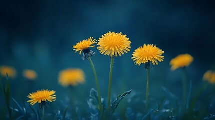 Floral summer spring background Yellow dandelion flowers closeup in a field on nature on a dark blue green background in evening at sunset Colorful artistic image free copy space : Generative AI