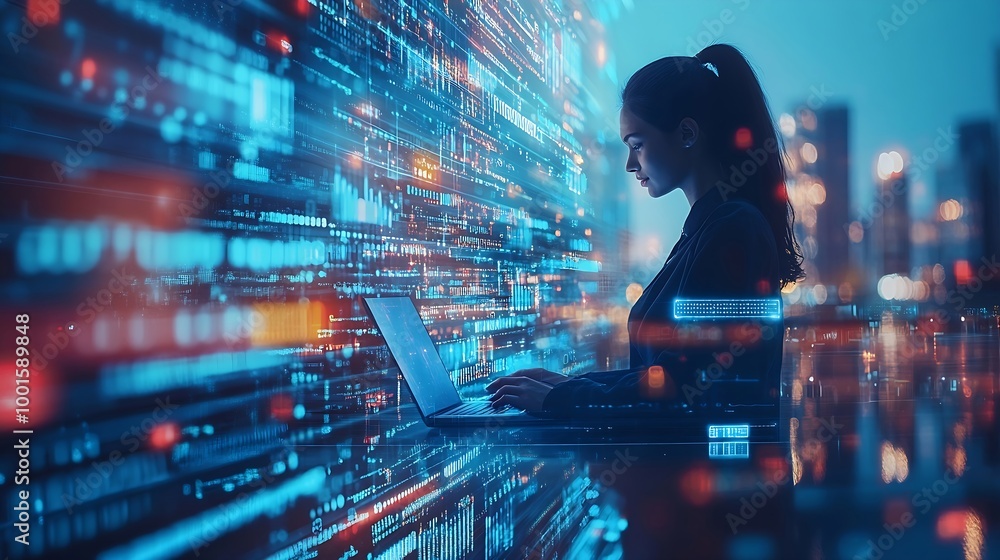 Image of data processing over diverse business people using laptop ...
