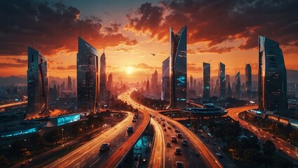 Futuristic cityscape at sunset with vibrant skyline and flying cars.