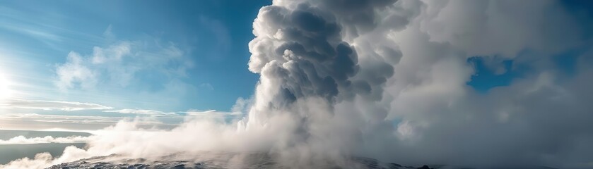 Powerful geyser erupting high into the sky with steam clouds surrounding it, showcasing raw geothermal energy, geyser eruption, nature s power