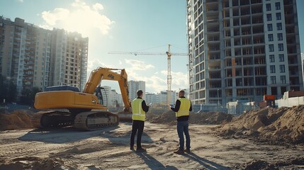 Fototapete - Construction Site With Excavators on Sunny Day Diverse Team Of Male And Female Real Estate Developers Discussing Project Engineer Architect Investor Talking About Apartment Building Us : Generative AI
