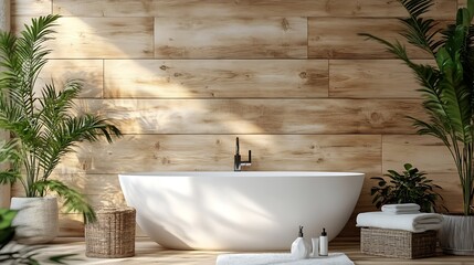 Poster - Bathroom interior with white tub and decor near wooden wall : Generative AI