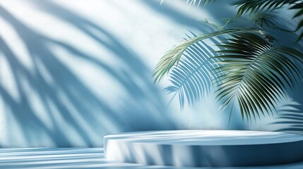 Aufkleber - Abstract blue background with shadow of palm leaves for the presentation of a cosmetic product A scene with a geometric backdrop Podium for product promotion beauty natural eco cosmeti : Generative AI