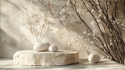 Aufkleber - Composition empty podium material tree stone dry flowers Product presentation Background beige green Beautiful background from natural materials : Generative AI