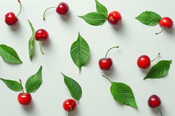 Wall Mural - Vibrant red cherries beautifully arranged in a striking pattern on a crisp white background